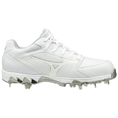 The Mizuno 9-Spike Swift 6 Women's Low Metal Fastpitch Softball Cleats (320588) are shown in white, featuring metal spikes, a mesh and synthetic upper, lace-up design, and side profile view.