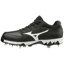 The Mizuno 9-Spike Swift 6 Women’s Low Metal Fastpitch Softball Cleats (320588) feature a black and white design, metal spikes, a large white Mizuno logo on the side, and a textured upper.