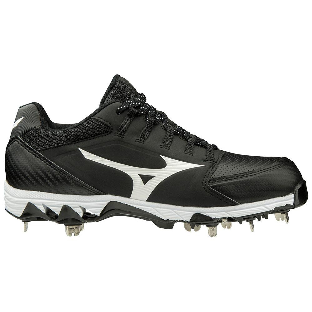 The Mizuno 9-Spike Swift 6 Women's Low Metal Fastpitch Softball Cleats (320588) feature a black design with white accents and logo, black laces, and metal spikes for superior traction.