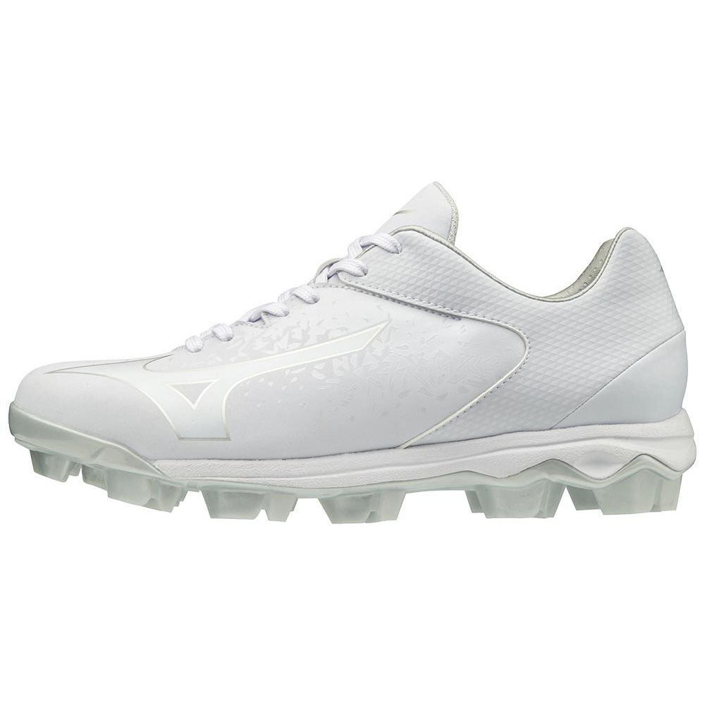 The Mizuno Finch Select Nine TPU Women's Molded Fastpitch Softball Cleats (320591) feature a white textured upper, lace-up design, and TPU molded cleats, shown against a plain white background.