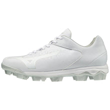 The Mizuno Finch Select Nine TPU Women's Molded Fastpitch Softball Cleats (320591) feature a white textured upper, lace-up design, and TPU molded cleats, shown against a plain white background.