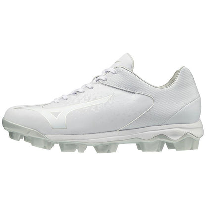 The Mizuno Finch Select Nine TPU Women's Molded Fastpitch Softball Cleats (320591) feature a white textured upper, lace-up design, and TPU molded cleats, shown against a plain white background.