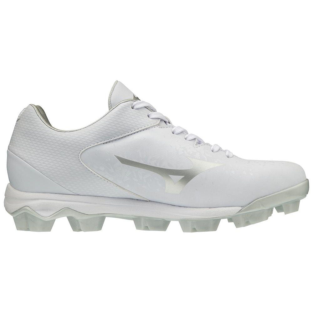 The Mizuno Finch Select Nine TPU Women's Molded Fastpitch Softball Cleats (320591) are white athletic cleats with a textured pattern, white laces, and a TPU molded sole for enhanced grip on grass or turf.
