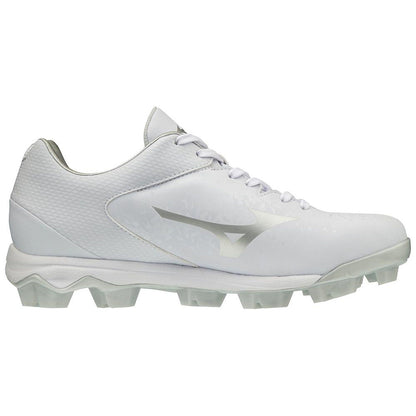 The Mizuno Finch Select Nine TPU Women's Molded Fastpitch Softball Cleats (320591) are white athletic cleats with a textured pattern, white laces, and a TPU molded sole for enhanced grip on grass or turf.