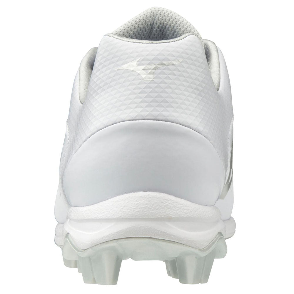 A close-up of the Mizuno Finch Select Nine TPU Women's Molded Fastpitch Softball Cleats (320591) showcasing white design and TPU molded cleats for superior grip.
