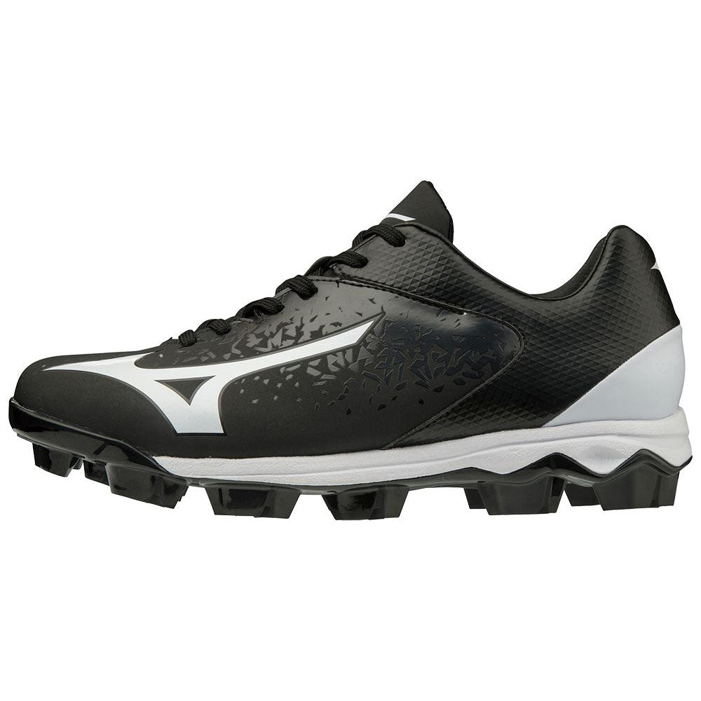 The Mizuno Finch Select Nine TPU Women’s Molded Fastpitch Softball Cleats (320591) feature a black and white design, a white Mizuno logo, TPU molded cleats, and a textured sole for grass or turf play.