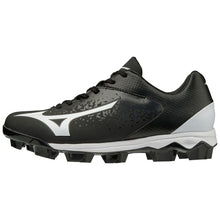 The Mizuno Finch Select Nine TPU Women’s Molded Fastpitch Softball Cleats (320591) feature a black and white design, a white Mizuno logo, TPU molded cleats, and a textured sole for grass or turf play.