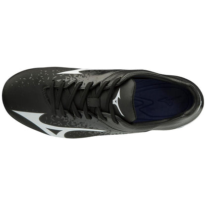 The Mizuno Finch Select Nine TPU Women's Molded Fastpitch Softball Cleats (320591) are black and white shoes featuring black laces, a logo on the dark insole, and TPU molded cleats for enhanced traction—ideal for fastpitch softball.