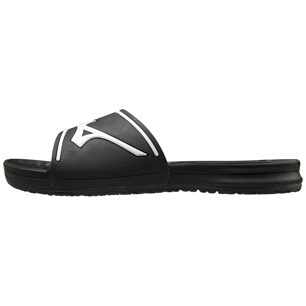 The Mizuno Relax Slide 2 Adult Slides (320629) feature a black design with a thick strap and white stylized Mizuno logo, plus a flat, textured sole and cushioned EVA midsole for comfort. Shown in men's sizing on a plain white background.