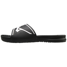 The Mizuno Relax Slide 2 Adult Slides (320629) feature a black design with a thick strap and white stylized Mizuno logo, plus a flat, textured sole and cushioned EVA midsole for comfort. Shown in men's sizing on a plain white background.