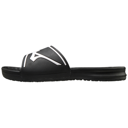 The Mizuno Relax Slide 2 Adult Slides (320629) feature a black design with a thick strap and white stylized Mizuno logo, plus a flat, textured sole and cushioned EVA midsole for comfort. Shown in men's sizing on a plain white background.