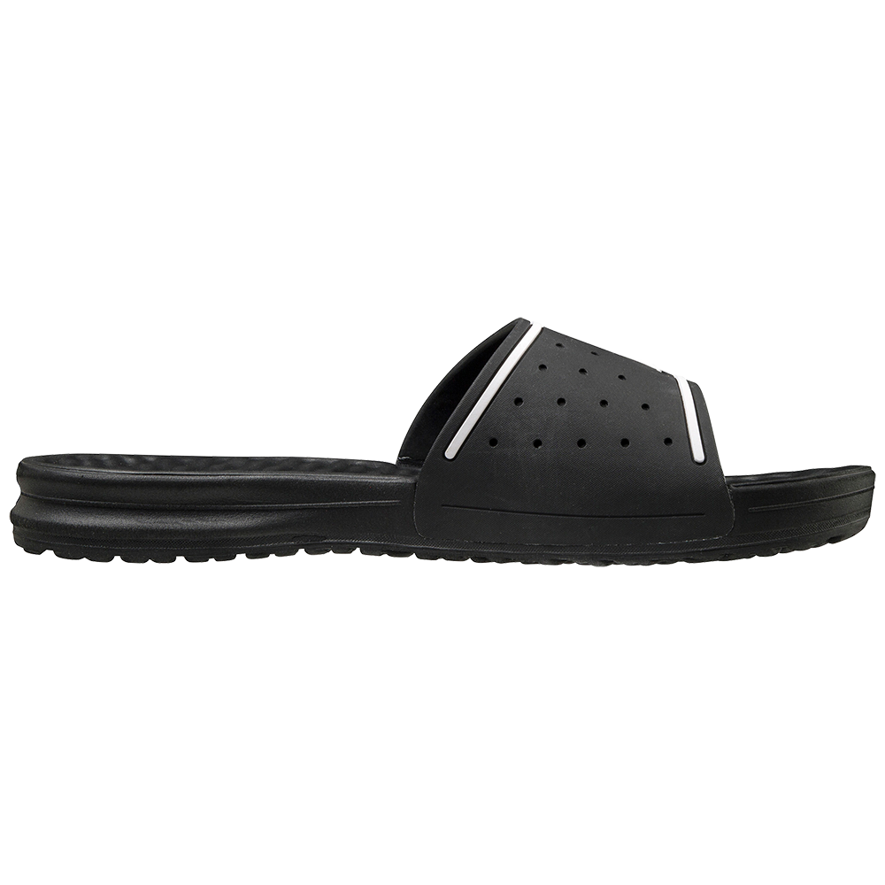 The Mizuno Relax Slide 2 Adult Slides (320629) by Mizuno are black men's slides with a thick, perforated strap and contoured sole featuring a cushioned EVA midsole, displayed in profile against a white background.