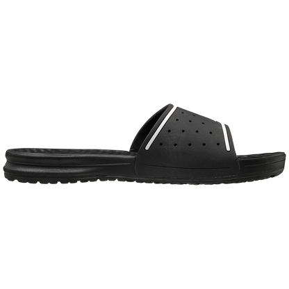 The Mizuno Relax Slide 2 Adult Slides (320629) by Mizuno are black men's slides with a thick, perforated strap and contoured sole featuring a cushioned EVA midsole, displayed in profile against a white background.