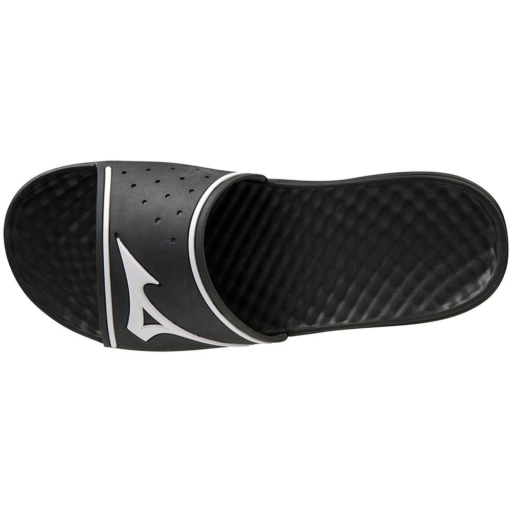 The Mizuno Relax Slide 2 Adult Slides (320629) are black men's sandals with a cushioned EVA midsole, textured footbed, wide strap with white Mizuno logo, and small ventilation holes for comfort and support.