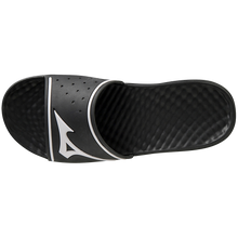 The Mizuno Relax Slide 2 Adult Slides (320629) are black men's sandals with a cushioned EVA midsole, textured footbed, wide strap with white Mizuno logo, and small ventilation holes for comfort and support.