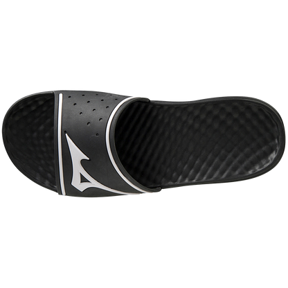 The Mizuno Relax Slide 2 Adult Slides (320629) are black men's sandals with a cushioned EVA midsole, textured footbed, wide strap with white Mizuno logo, and small ventilation holes for comfort and support.