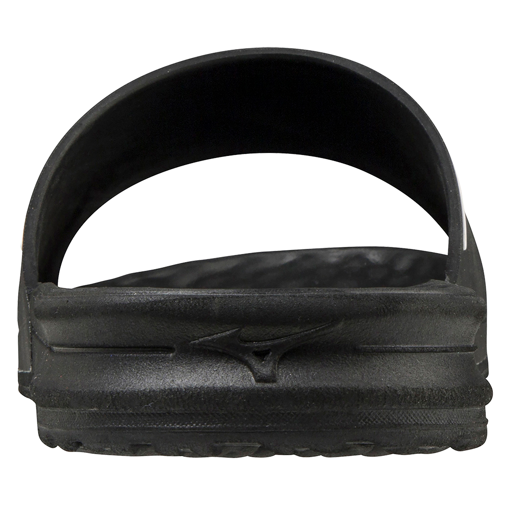 The Mizuno Relax Slide 2 Adult Slides (320629) by Mizuno are black men’s slides with a cushioned EVA midsole, displayed on a white background.