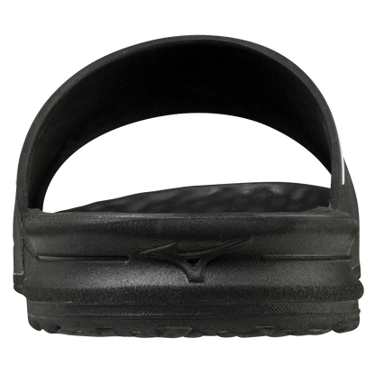 The Mizuno Relax Slide 2 Adult Slides (320629) by Mizuno are black men’s slides with a cushioned EVA midsole, displayed on a white background.