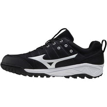The Mizuno Ambition 2 All Surface Low Men's Turf Shoes (320632) feature a black design with white sole and large white logo, black laces, and a rugged outsole for superior traction—ideal for multi-sport use.