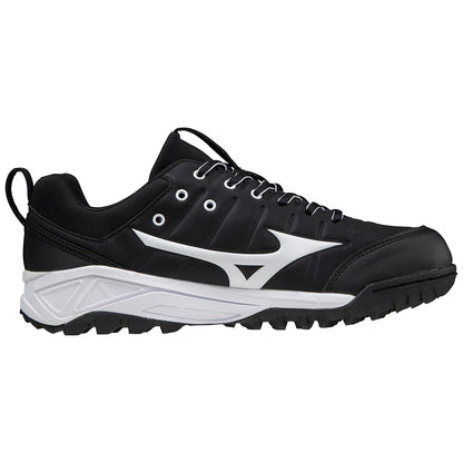 The Mizuno Ambition 2 All Surface Women's Turf Shoes (320640) feature a black and white design, thick textured sole with multi-directional studs, white side logo, white accents, and black laces—perfect for sports or outdoor activities.