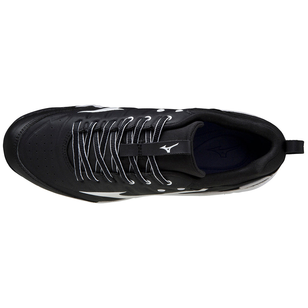 Top view of the Mizuno Ambition 2 All Surface Women's Turf Shoe in black with white accents, laces, and logos; includes a heel pull tab and multi-directional studs for traction.