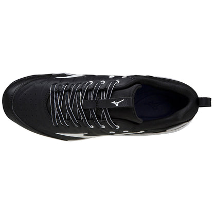 Top view of the Mizuno Ambition 2 All Surface Women's Turf Shoe in black with white accents, laces, and logos; includes a heel pull tab and multi-directional studs for traction.