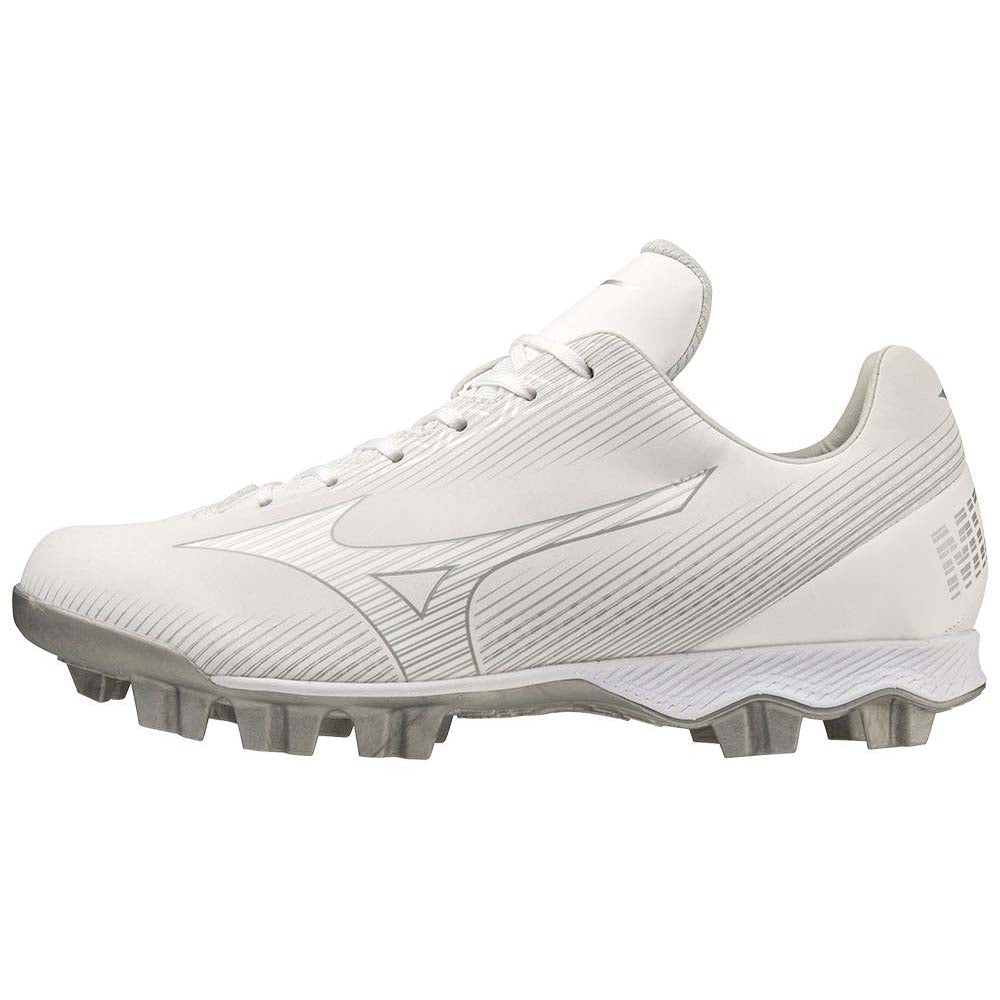 The Mizuno Finch Lightrevo Junior Youth Girl's Molded Cleats (320666) are white with gray accents and laces, molded studs for traction, and a sleek, low-cut Jennie Finch-inspired design—ideal softball cleats for young athletes.