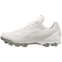 The Mizuno Finch Lightrevo Junior Youth Girl's Molded Cleats (320666) are white with gray accents and laces, molded studs for traction, and a sleek, low-cut Jennie Finch-inspired design—ideal softball cleats for young athletes.