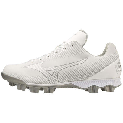 The Mizuno Finch Lightrevo Junior Youth Girl's Molded Cleats (320666) are white with gray accents and laces, molded studs for traction, and a sleek, low-cut Jennie Finch-inspired design—ideal softball cleats for young athletes.