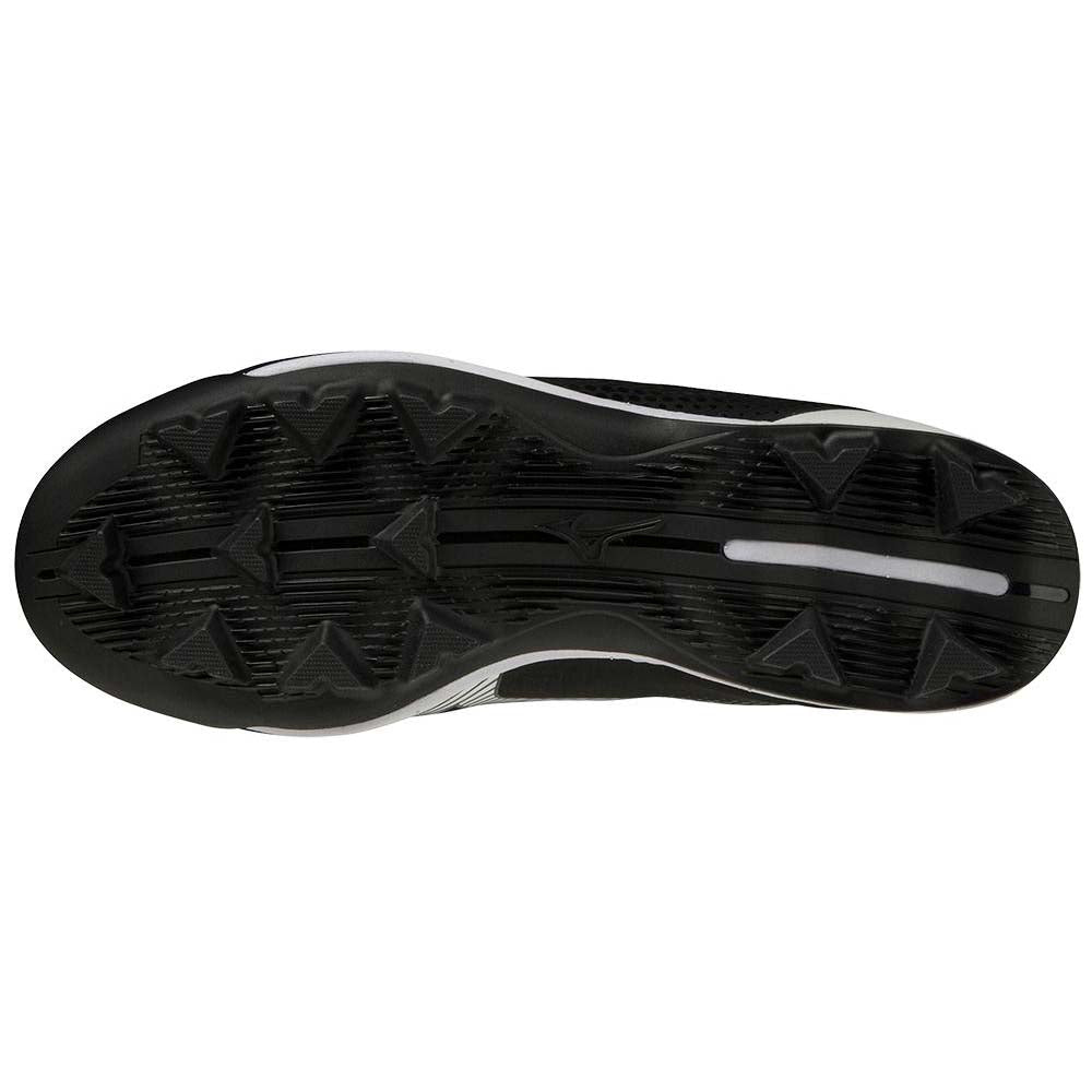 A black Mizuno Finch Lightrevo Junior Youth Girl's Molded Cleat (320666) with a white sole.