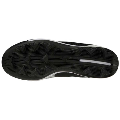 A black Mizuno Finch Lightrevo Junior Youth Girl's Molded Cleat (320666) with a white sole.