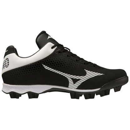 The Mizuno Finch Lightrevo Junior Youth Girl’s Molded Cleats (320666) are black and white softball cleats inspired by Jennie Finch, designed by Mizuno for young players.