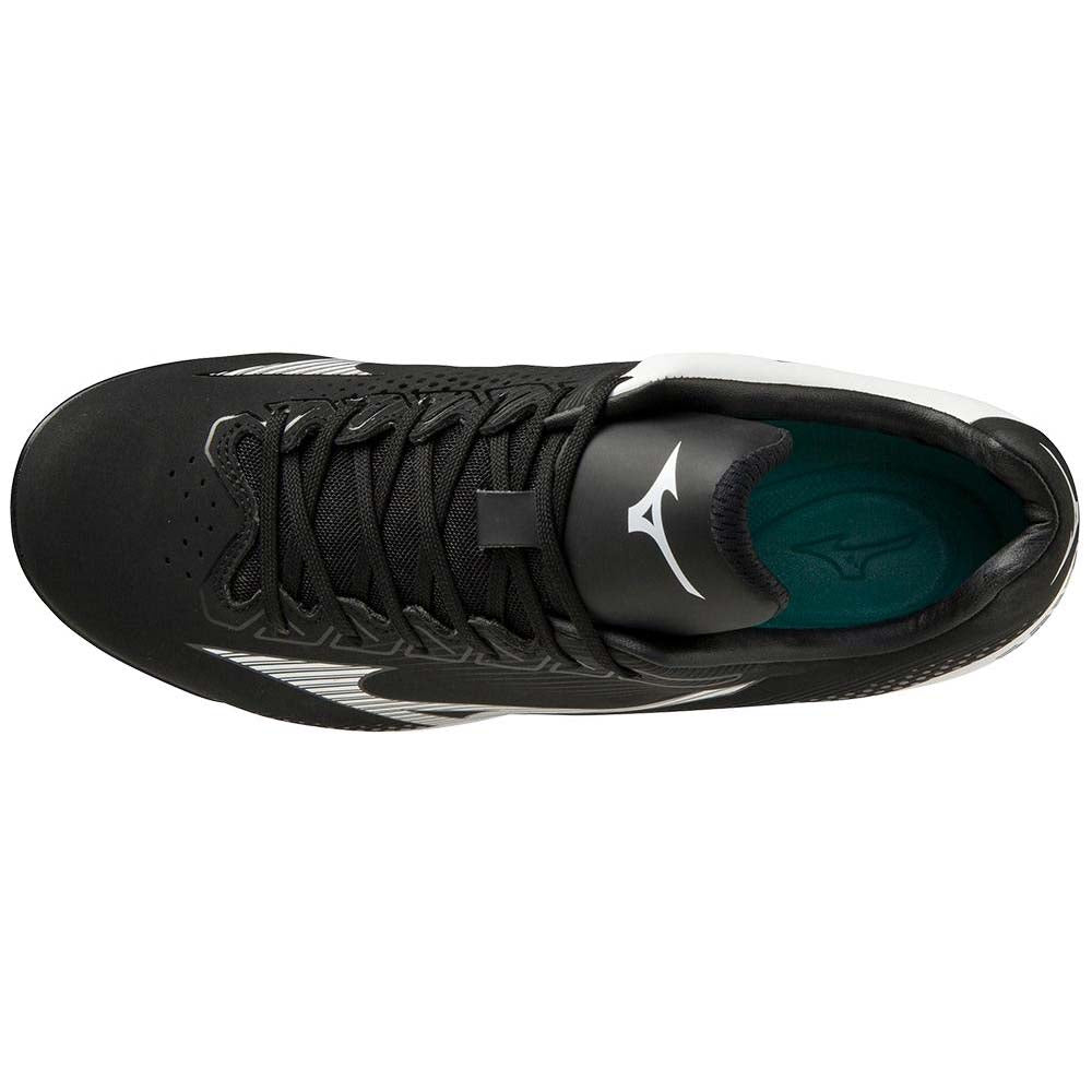 Top view of the Mizuno Finch Lightrevo TPU Women's Molded Fastpitch Softball Cleats (320665) with black laces, a white Mizuno logo on the tongue, green insole, and white side accents. Inspired by Jennie Finch for a sleek women's fit.