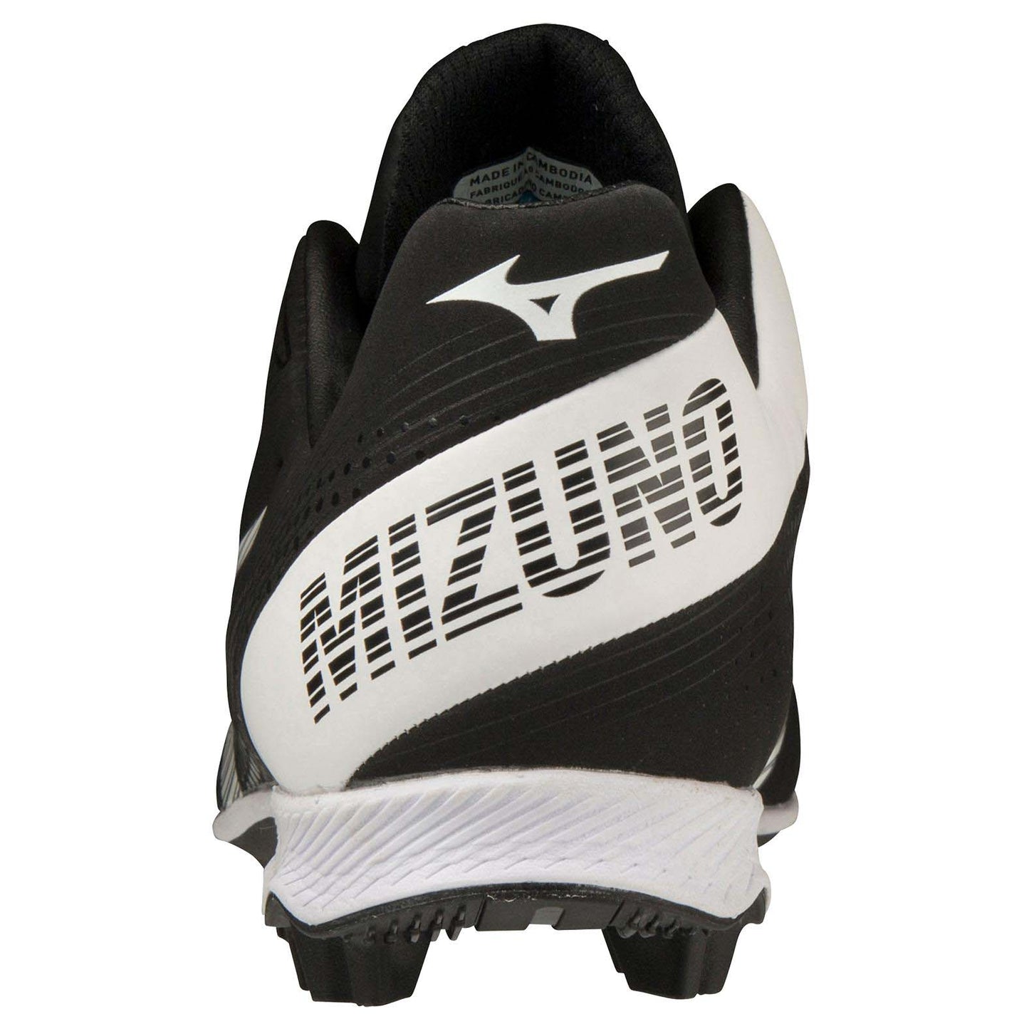 The Mizuno Finch Lightrevo TPU Women's Molded Fastpitch Softball Cleats (320665) feature a bold MIZUNO logo on the back, white accents on the side and heel, and a textured sole, inspired by Jennie Finch.