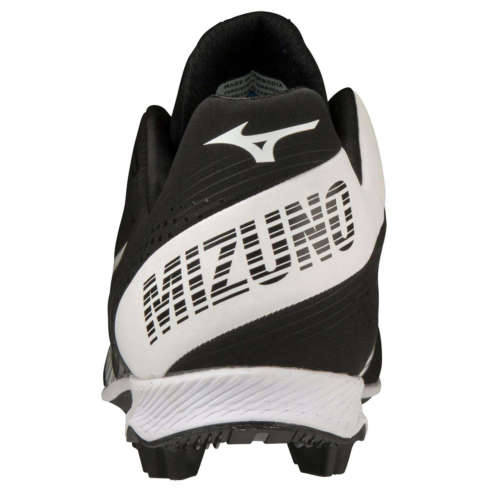 The Mizuno Finch Lightrevo TPU Women's Molded Fastpitch Softball Cleats (320665) feature a bold MIZUNO logo on the back, white accents on the side and heel, and a textured sole, inspired by Jennie Finch.