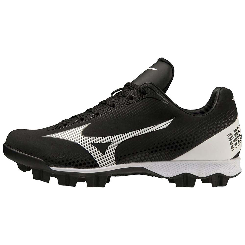 The Mizuno Finch Lightrevo Junior Youth Girl's Molded Cleats (320666) are black and white low-cut cleats with a white side logo and molded studs, ideal for grass or turf sports.