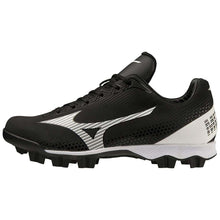 The Mizuno Finch Lightrevo Junior Youth Girl's Molded Cleats (320666) are black and white low-cut cleats with a white side logo and molded studs, ideal for grass or turf sports.