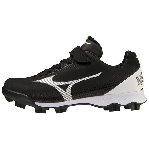 The Mizuno Wave Lightrevo Youth Molded Cleats (320674) are black and white with a lace-up front, Velcro strap, and studded sole, designed for young athletes playing on grass or turf.