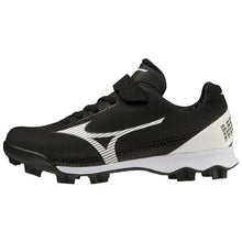 The Mizuno Wave Lightrevo Youth Molded Cleats (320674) are black and white with a lace-up front, Velcro strap, and studded sole, designed for young athletes playing on grass or turf.