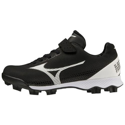 The Mizuno Wave Lightrevo Youth Molded Cleats (320674) are black and white with a lace-up front, Velcro strap, and studded sole, designed for young athletes playing on grass or turf.