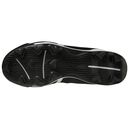 The Mizuno Wave Lightrevo Youth Molded Cleats (320674) feature a black and white athletic sole with triangular cleats and textured TPU outsole by Mizuno, designed for superior traction.