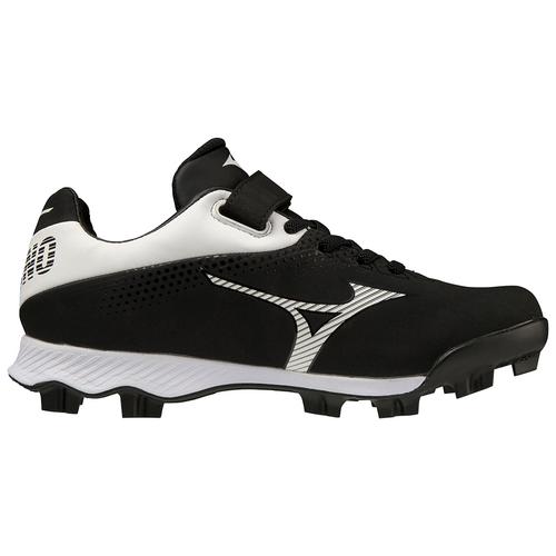 Mizuno Wave Lightrevo Youth Molded Cleats (320674) feature a black and white design with black sole, laces, and a white Mizuno logo. Equipped with Wave technology for support, they're ideal for youth sports on grass or turf.