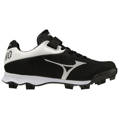Mizuno Wave Lightrevo Youth Molded Cleats (320674) feature a black and white design with black sole, laces, and a white Mizuno logo. Equipped with Wave technology for support, they're ideal for youth sports on grass or turf.