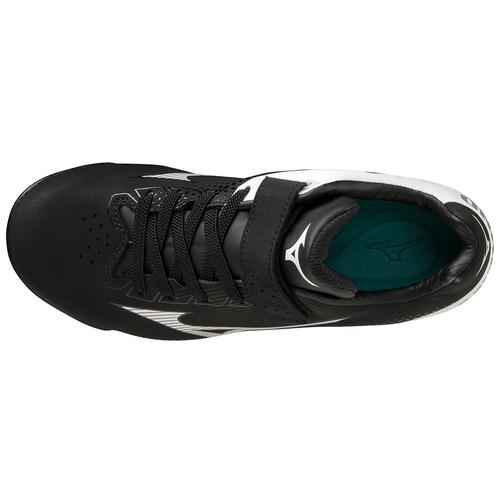 Top view of the Mizuno Wave Lightrevo Youth Molded Cleats (320674) in black, featuring black laces, a white logo on the tongue, a green logo insole, white side detailing, and Mizuno Wave technology for comfort and support.
