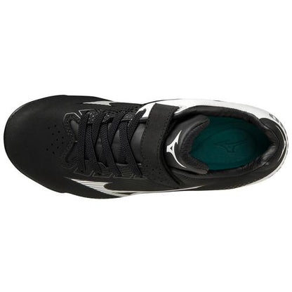 Top view of the Mizuno Wave Lightrevo Youth Molded Cleats (320674) in black, featuring black laces, a white logo on the tongue, a green logo insole, white side detailing, and Mizuno Wave technology for comfort and support.