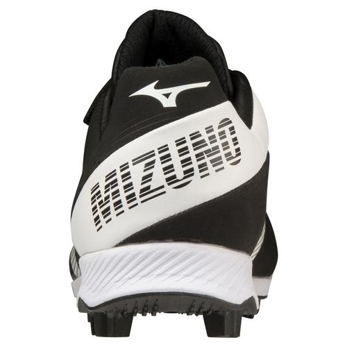 Rear view of the Mizuno Wave Lightrevo Youth Molded Cleats (320674) in black and white, displaying the Mizuno logo and name on the heel, with a durable TPU outsole for enhanced performance.