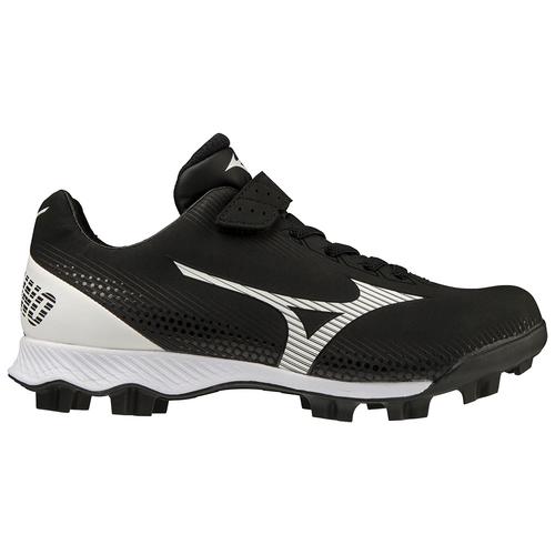 The Mizuno Wave Lightrevo Youth Molded Cleats (320674) feature a black and white design, patterned TPU outsole, lace-up front, and Mizuno logo, offering optimal turf or grass performance with advanced Wave technology.