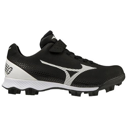 The Mizuno Wave Lightrevo Youth Molded Cleats (320674) feature a black and white design, patterned TPU outsole, lace-up front, and Mizuno logo, offering optimal turf or grass performance with advanced Wave technology.