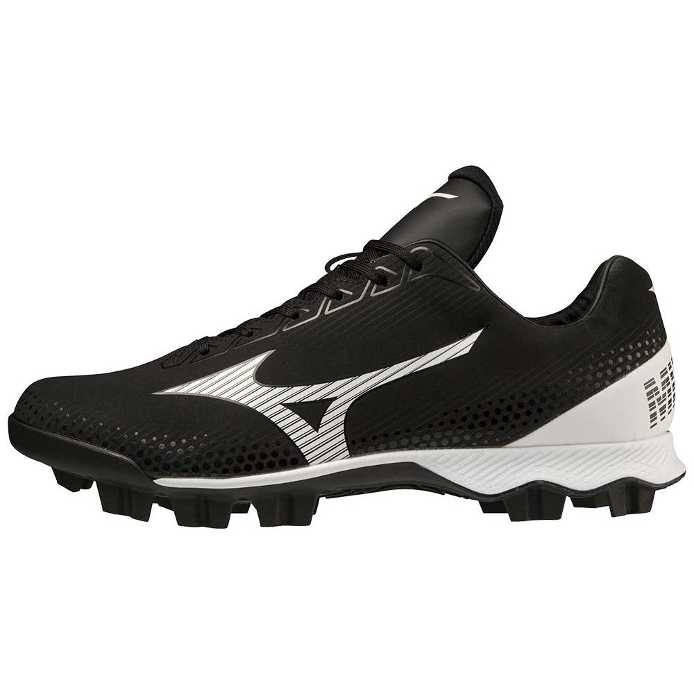 The Mizuno Wave Lightrevo TPU Men's Molded Baseball Cleats (320681) feature a black and white textured design, bold white Mizuno logo, and a durable TPU outsole with molded studs for excellent traction.