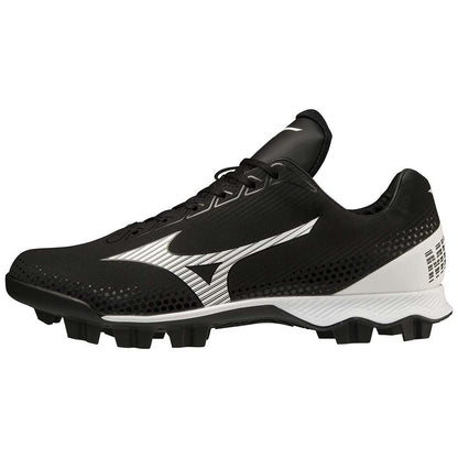 The Mizuno Wave Lightrevo TPU Men's Molded Baseball Cleats (320681) feature a black and white textured design, bold white Mizuno logo, and a durable TPU outsole with molded studs for excellent traction.